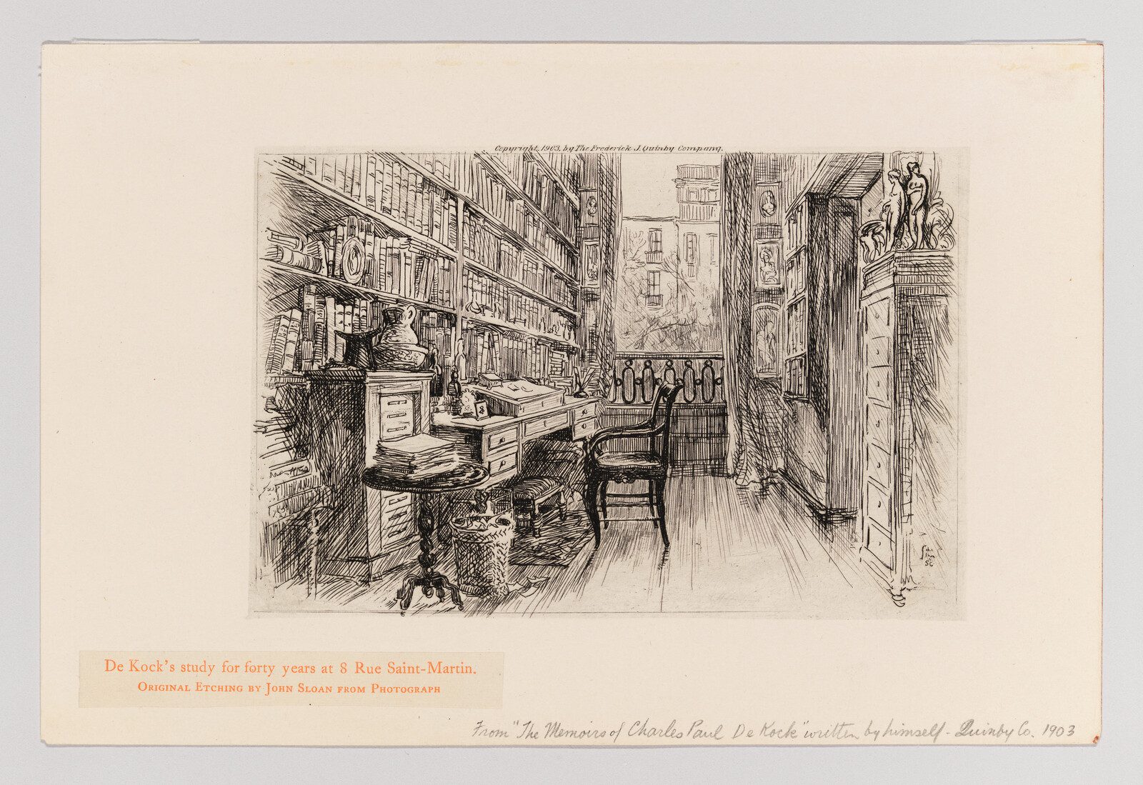 A cluttered study with tall bookshelves, a desk, chair, and window overlooking buildings.