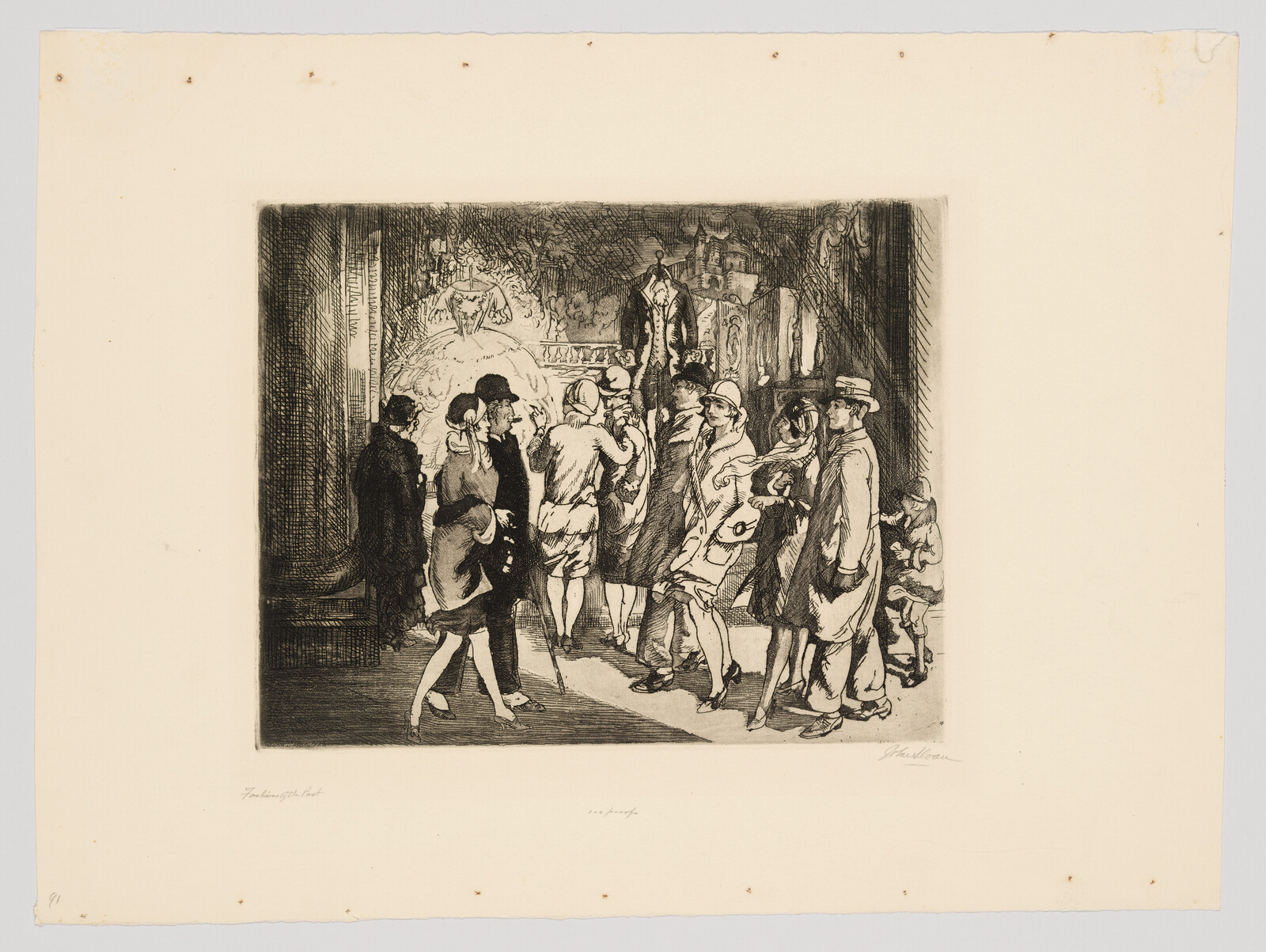 A crowd of well-dressed people gathers in a theater lobby observing an ornate costume display.