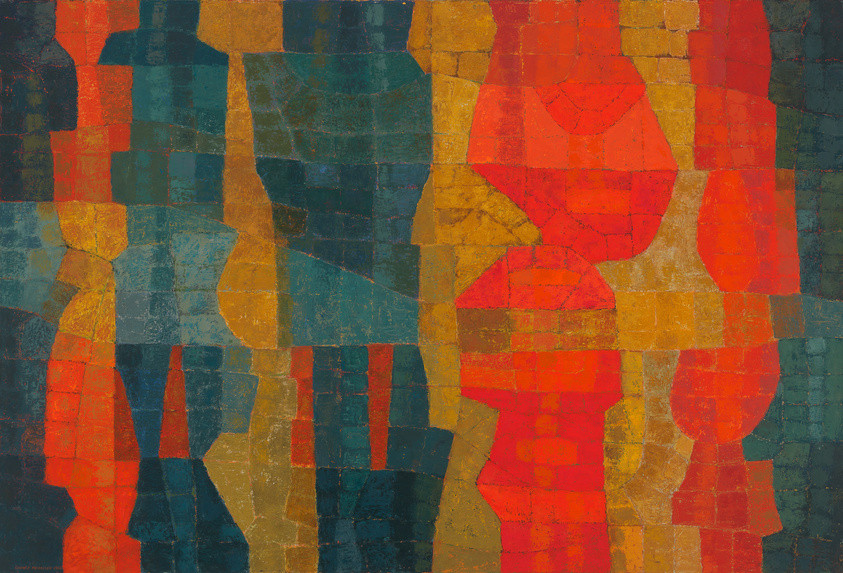 A mosaic of vertical strips of dark teal, bright reddish orange, and gold. The strips vary in width and have wobbly edges.