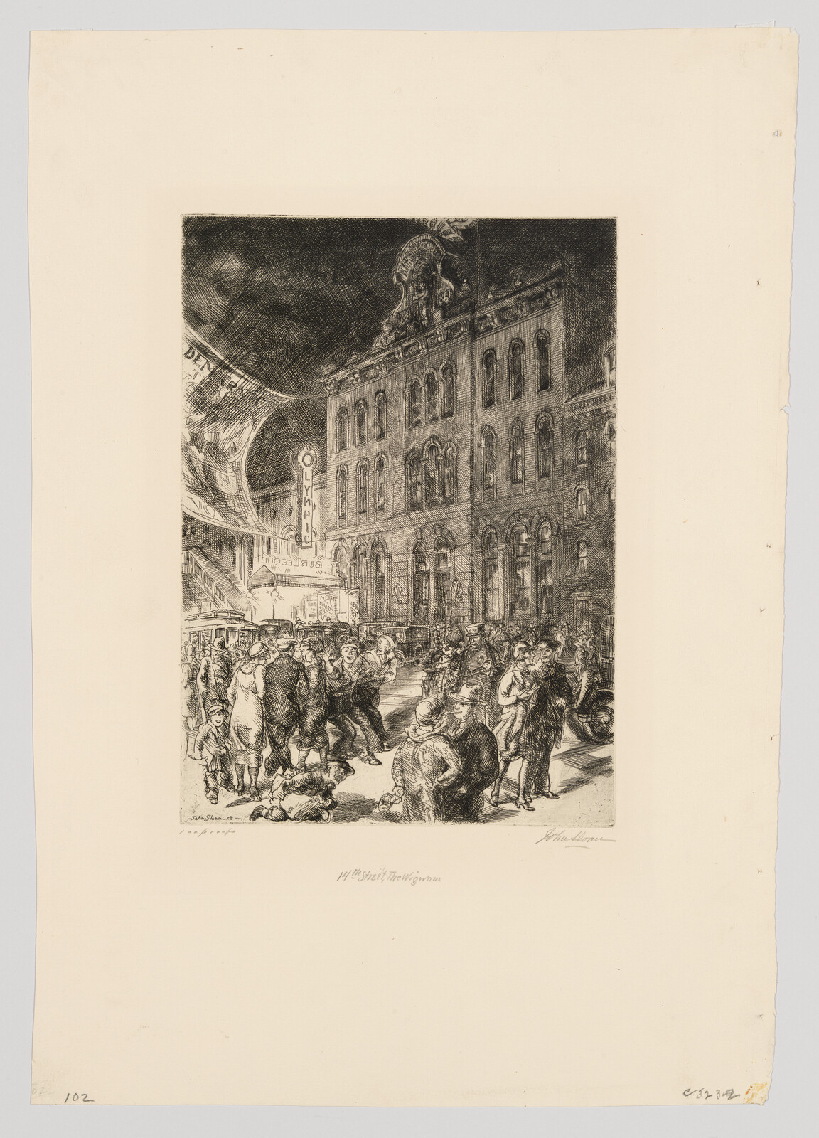 Crowded city street at night with people gathering outside a large theater marked "Olympic."