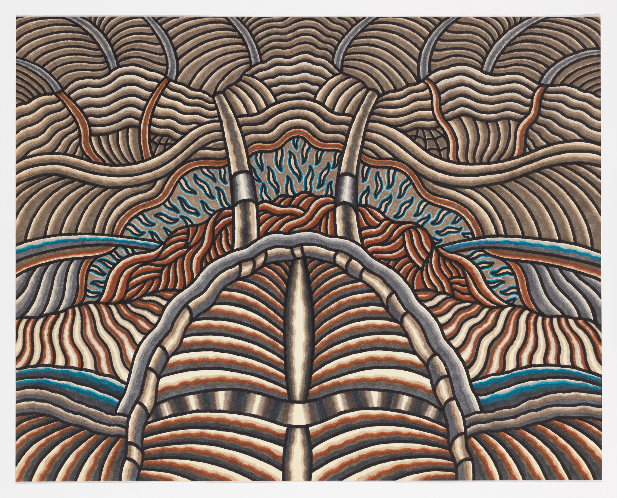 Layered curving bands and ribbed forms weave together with blue accents and central arch.