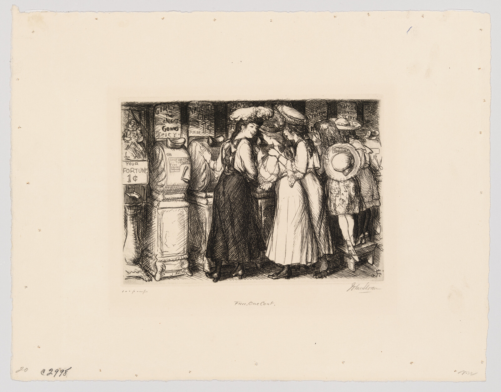 Several women crowd around penny fortune-telling machines, reading their fortunes at a fair.