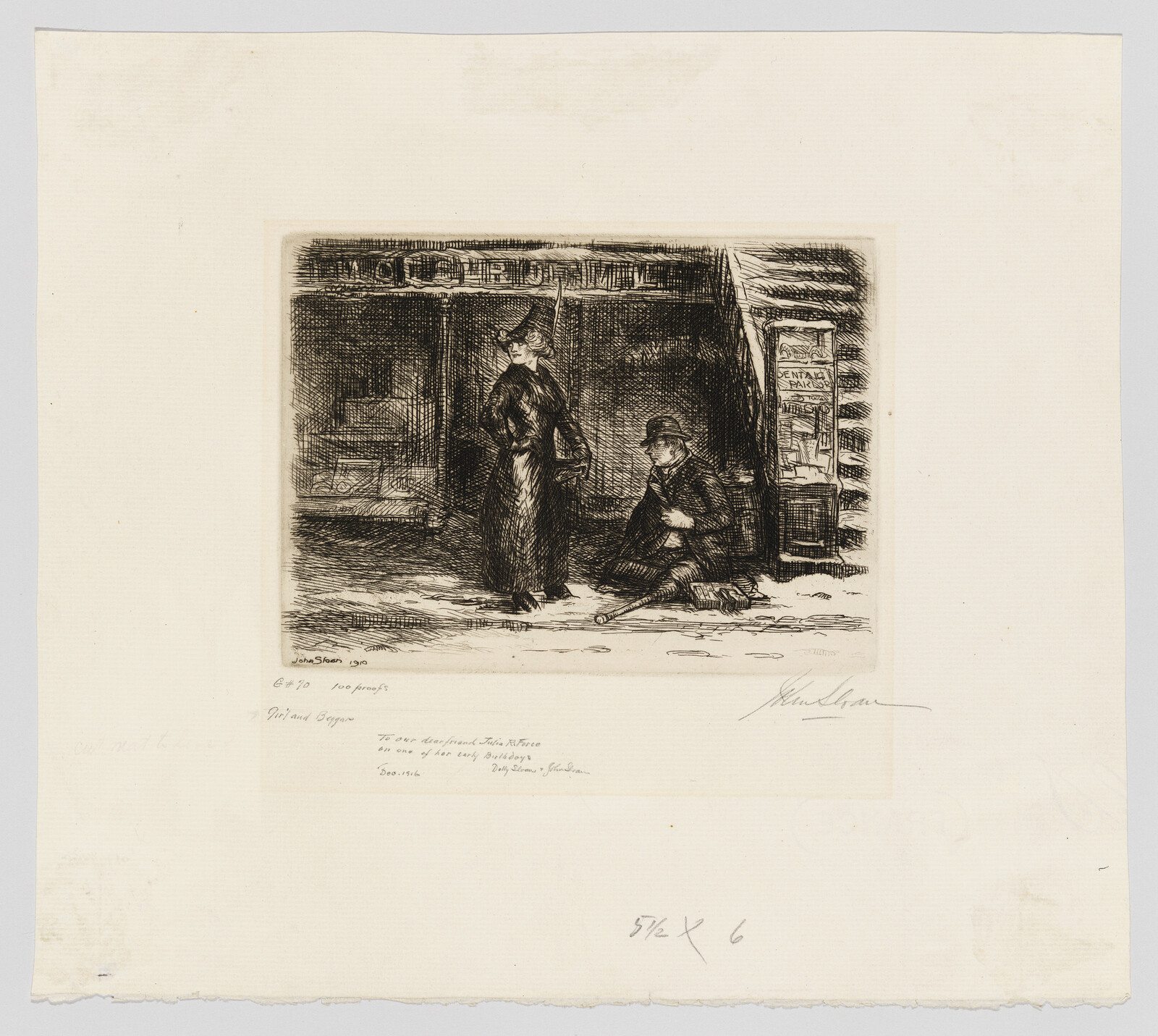 A well-dressed woman walks past a seated man begging on a snowy sidewalk.