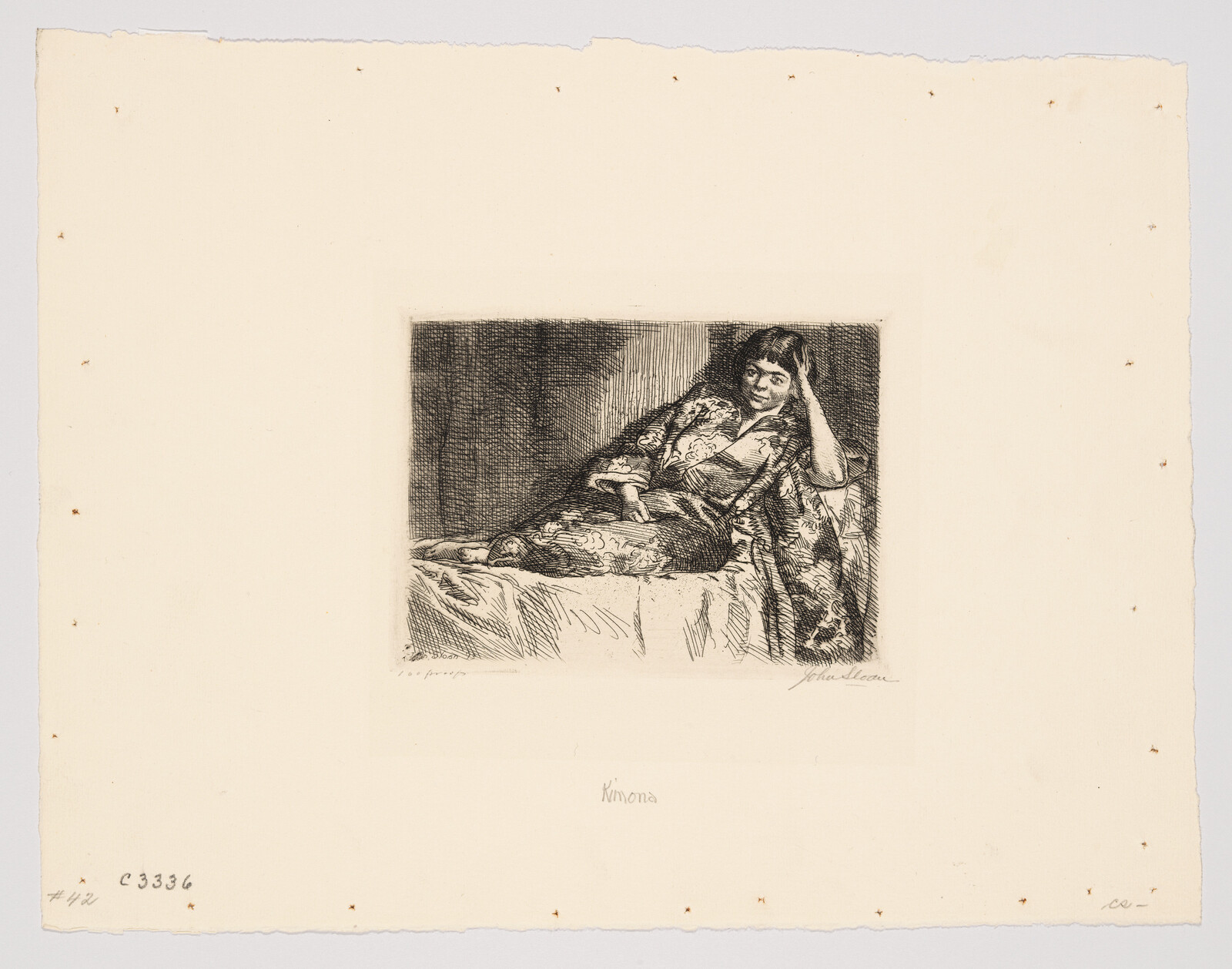 A woman reclines on a sofa wearing a patterned kimono, resting her head on her hand.