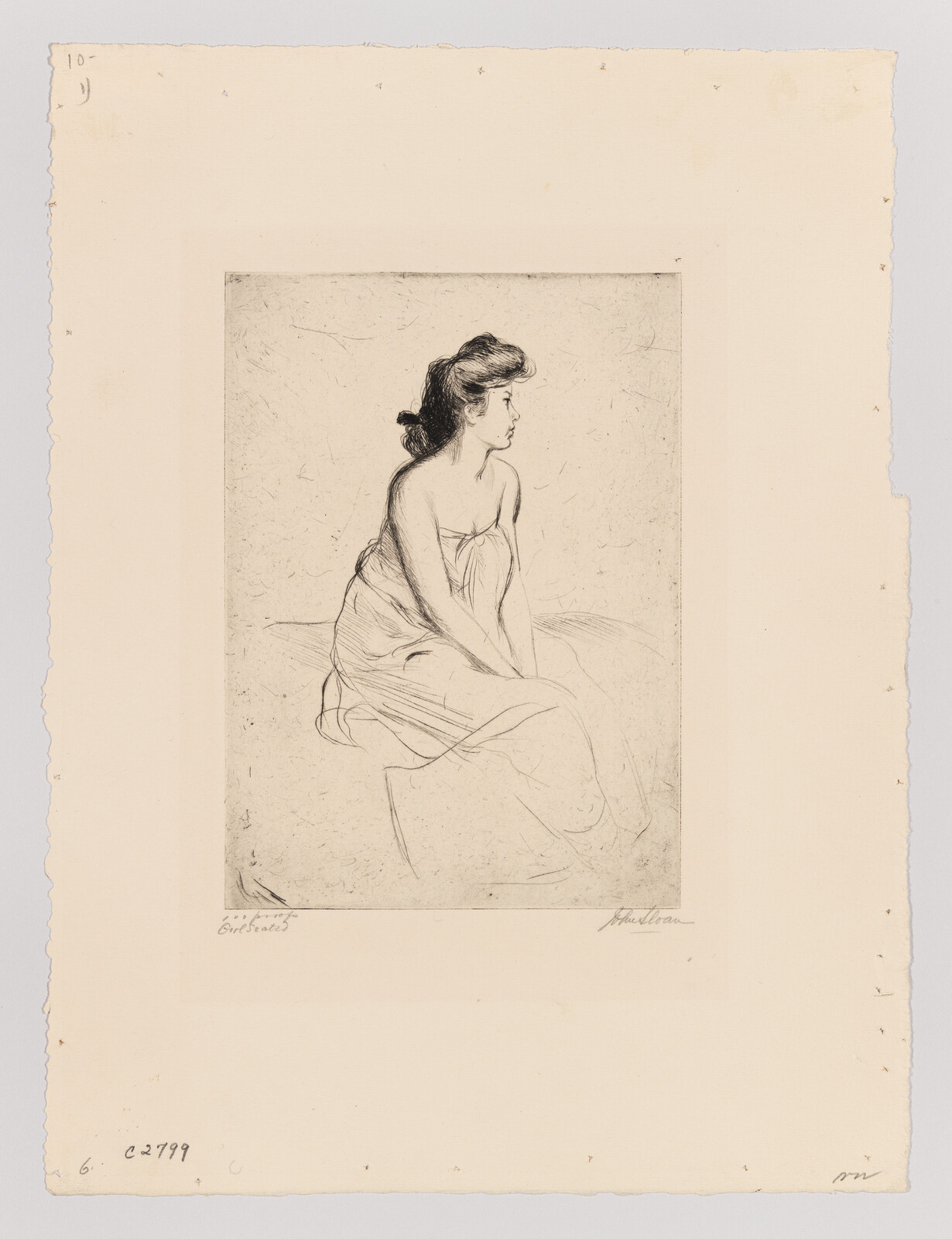 A seated woman wrapped in a loose draped cloth looks to the right.