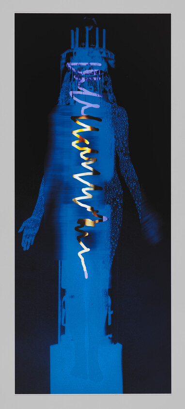 Tall blue human silhouette with bright zigzag light running vertically across the body.
