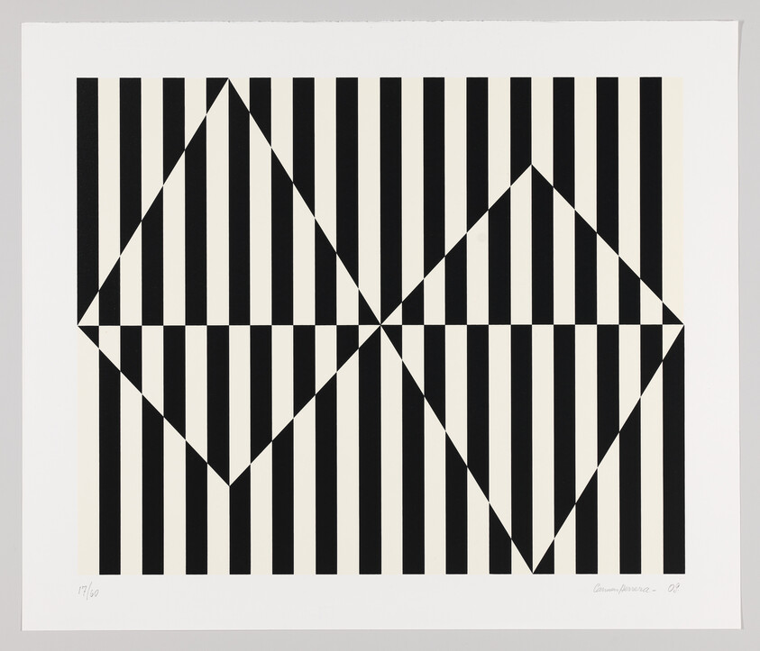 A black and white op art print featuring a series of vertical stripes with a diamond pattern overlaid that creates an optical illusion of depth and movement. The artwork is numbered and signed by the artist in the lower margins.