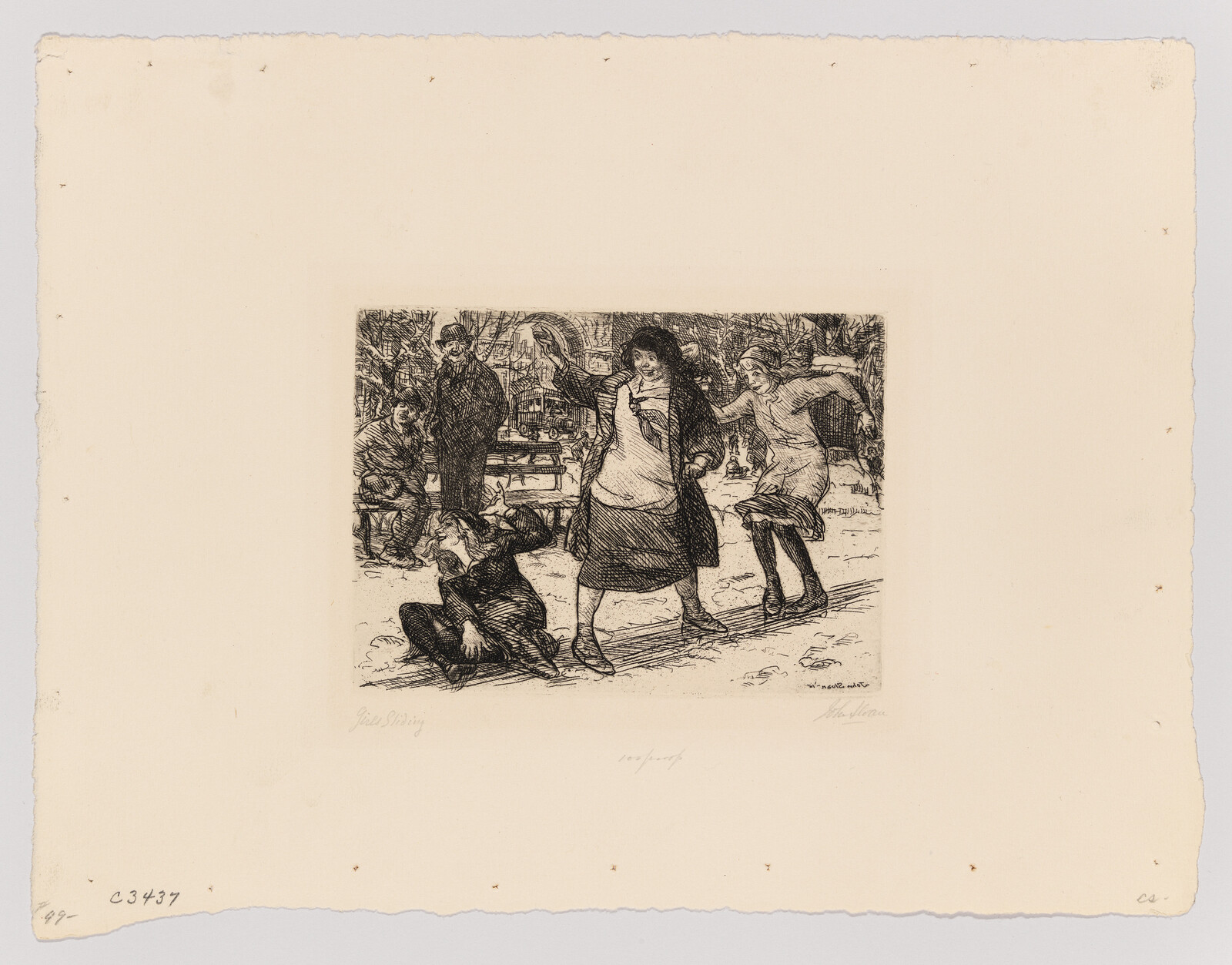 Three children skating on a snowy path, one fallen while two others steady her.