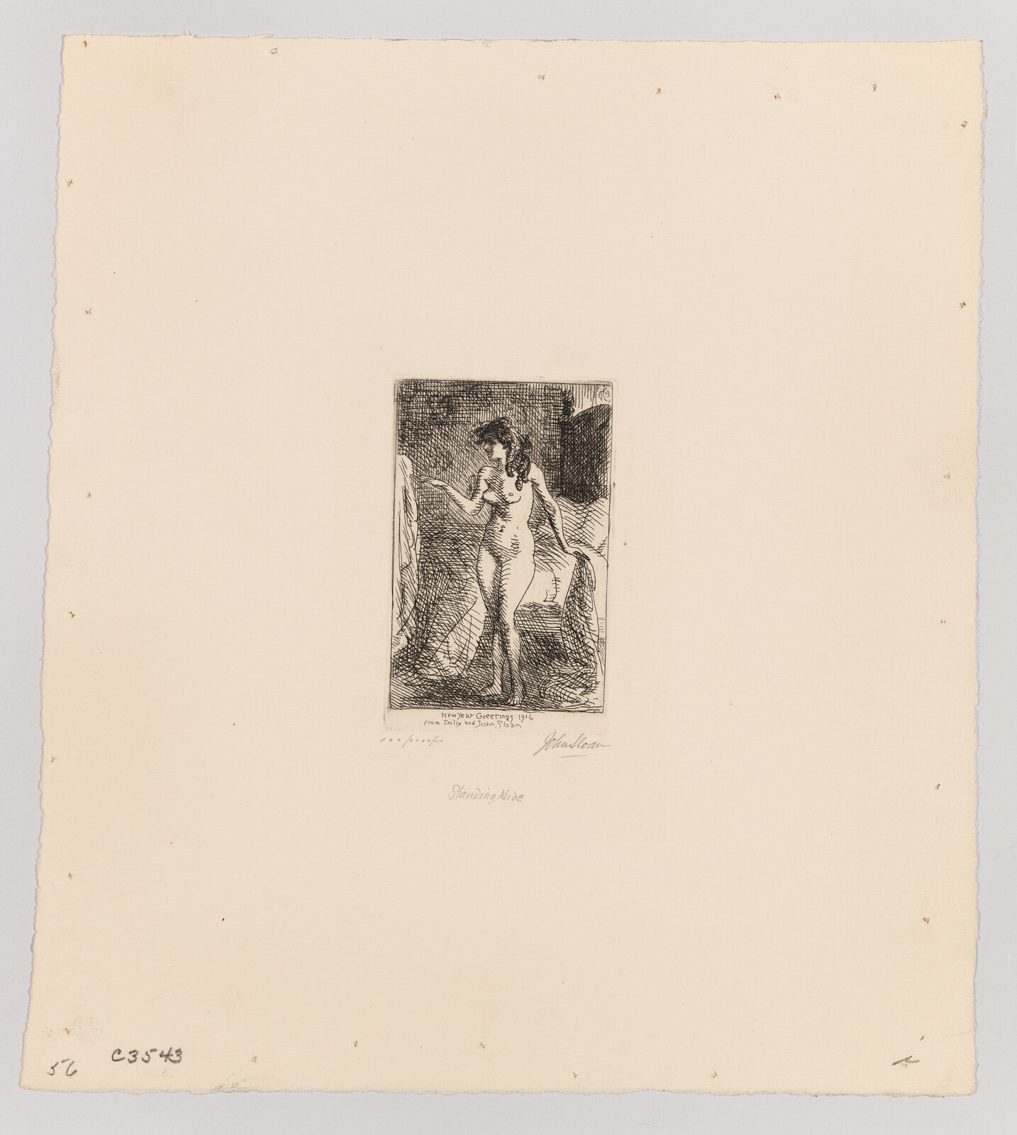 A small etching shows a standing nude woman holding drapery and looking downward.