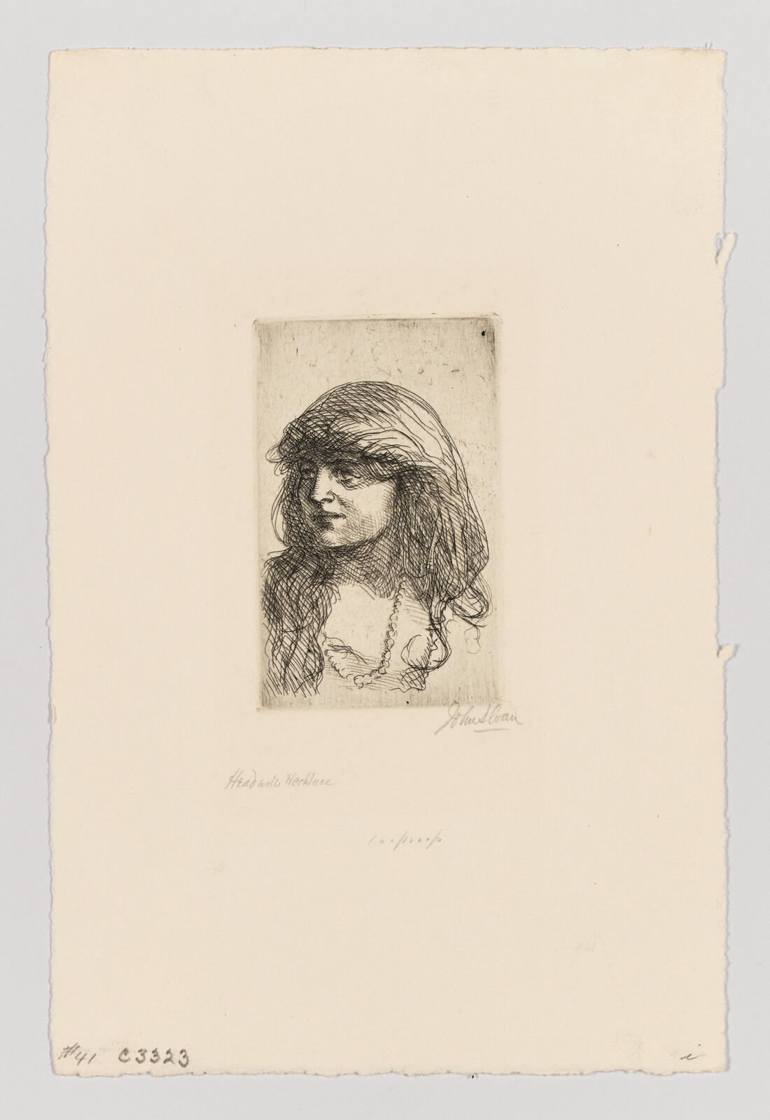 A sketch-style etched portrait of a young woman with long hair and a beaded necklace.