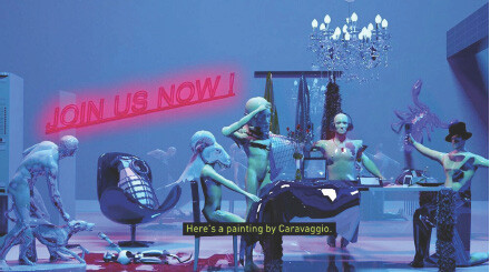 Mannequins and sculptures posed around a table under a neon "JOIN US NOW!" sign.