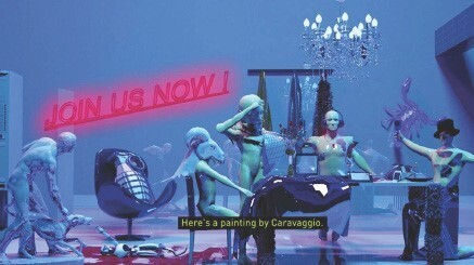 Mannequins and sculptures posed around a table under a neon "JOIN US NOW!" sign.