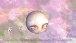 A large pale alien-like head with big eyes floats over a pink, cloudy background.