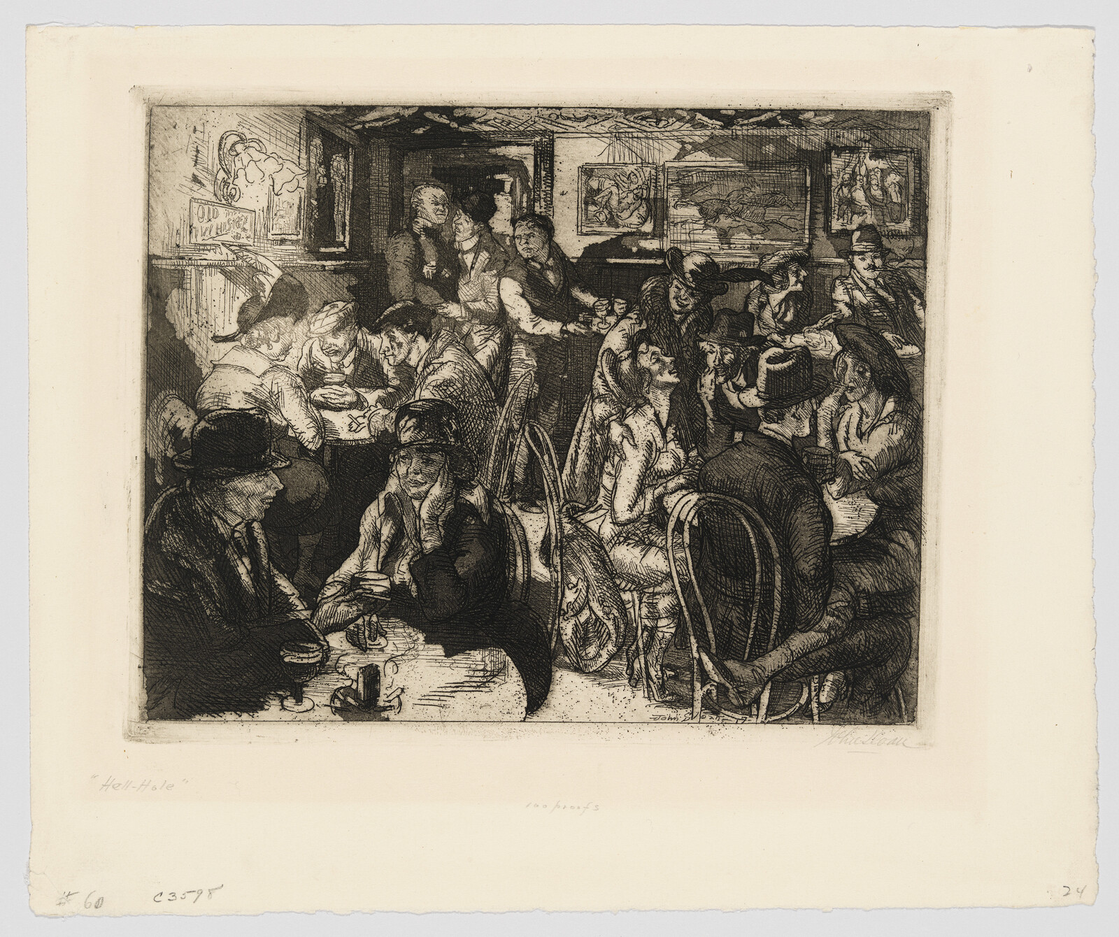 Crowded dim pub with men and women drinking, talking, and playing cards around small tables.