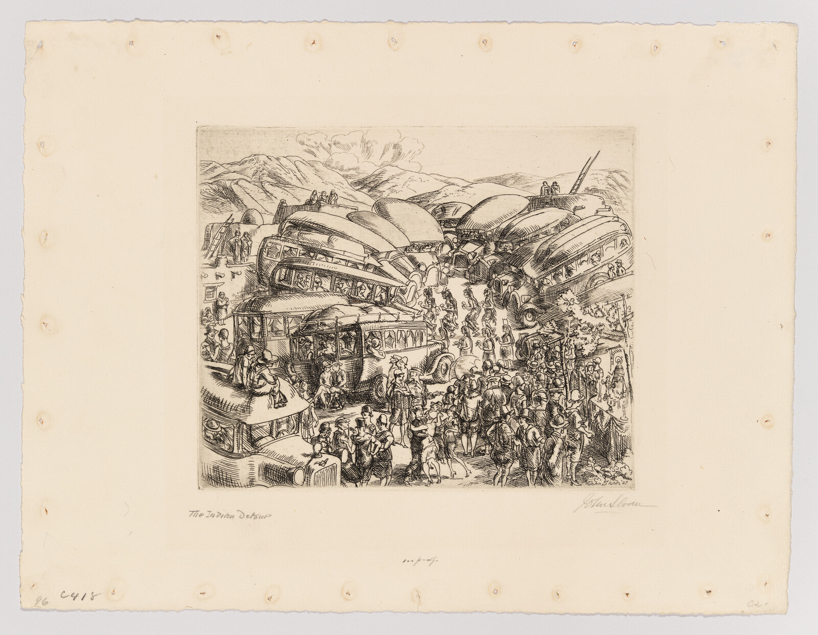 Several buses parked close together with a large crowd of people moving between them.