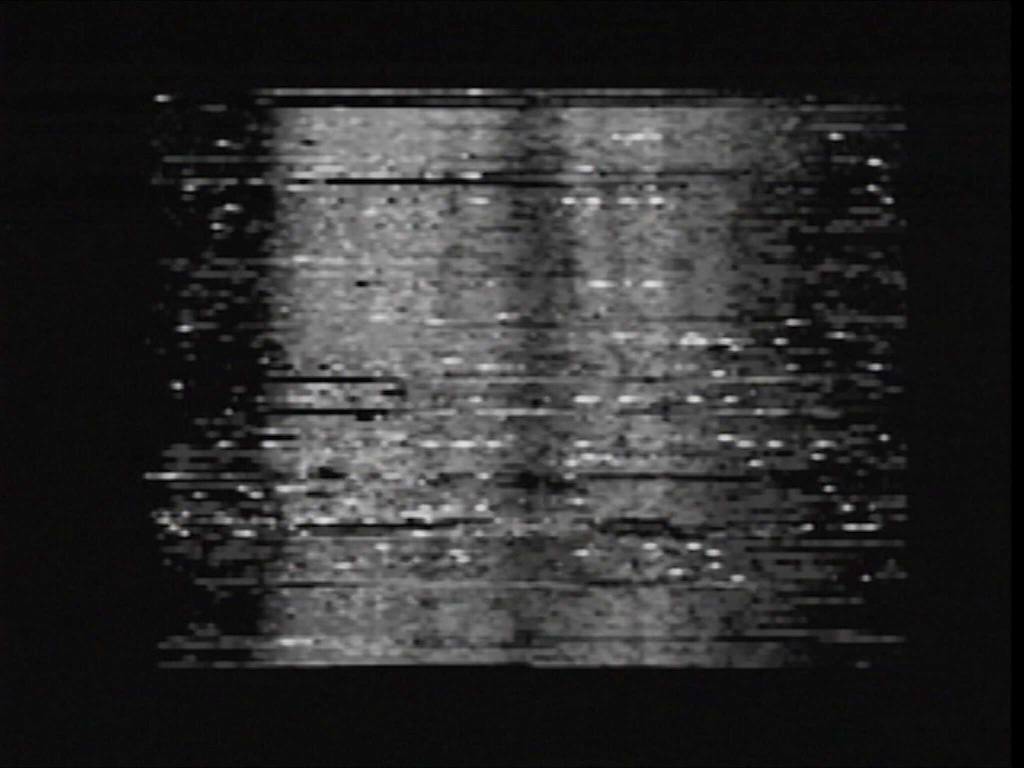 A glitchy grayscale block of static and horizontal lines forming a faint human face.