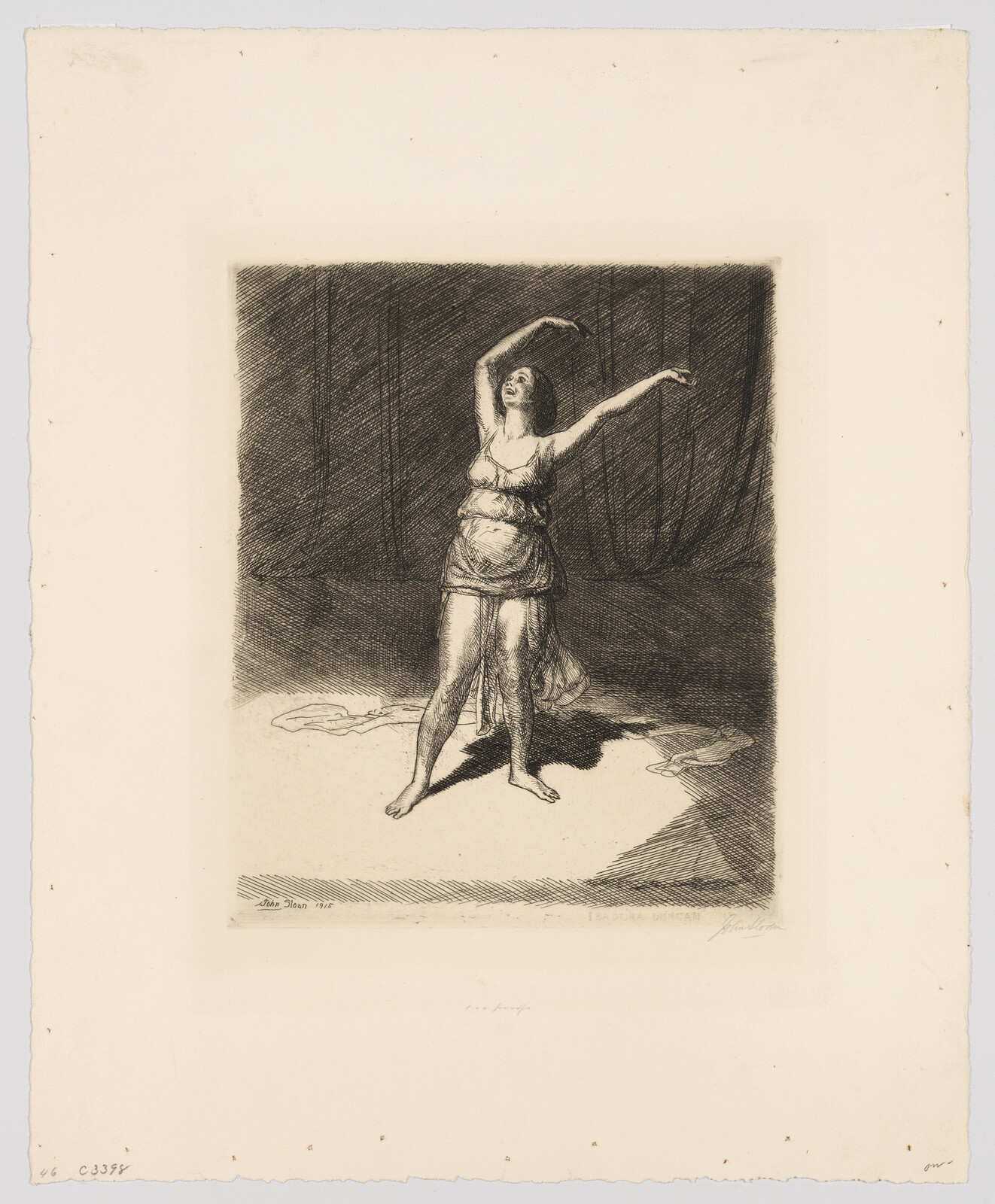 A barefoot woman stands in a stage spotlight with arms raised, wearing a short slip.