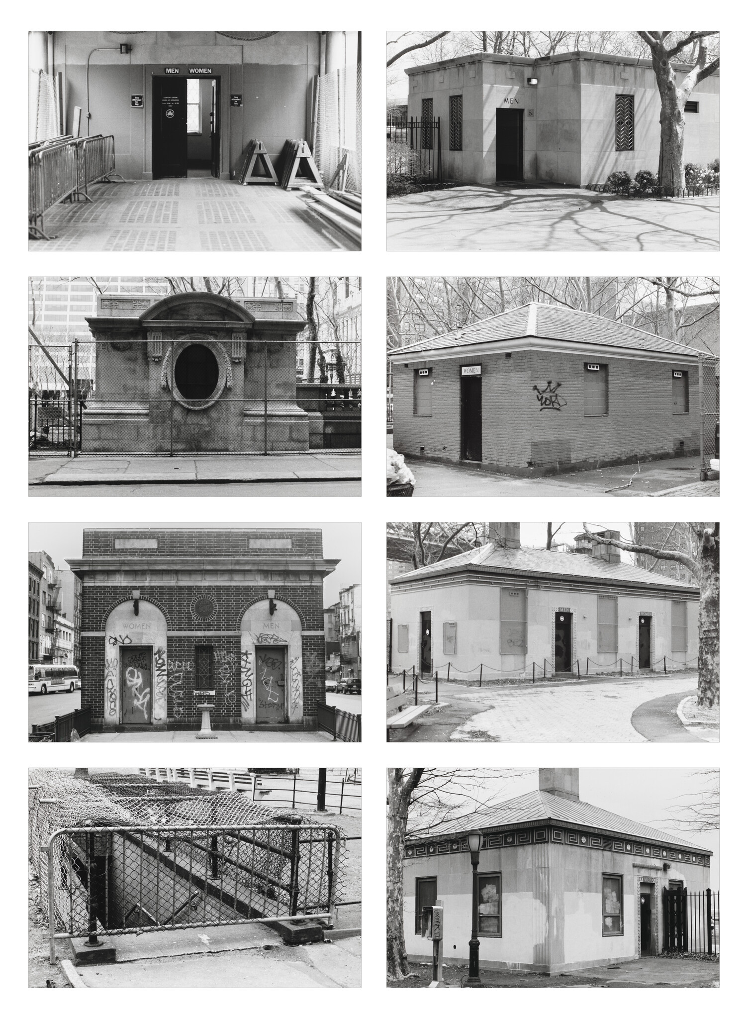 A collage of eight black and white photographs showcasing various public restroom facilities in urban settings, some with graffiti and all appearing to be closed or abandoned.