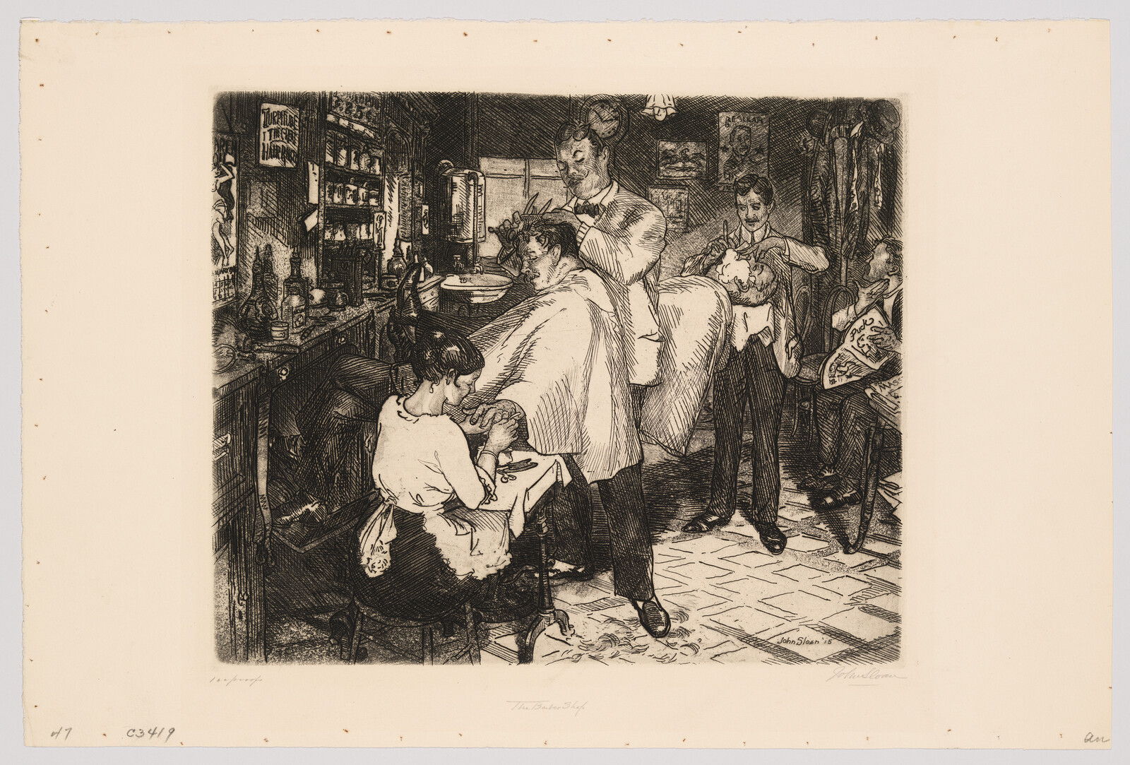 Barber trims a customer's hair while another man shaves and an assistant tends to hands.