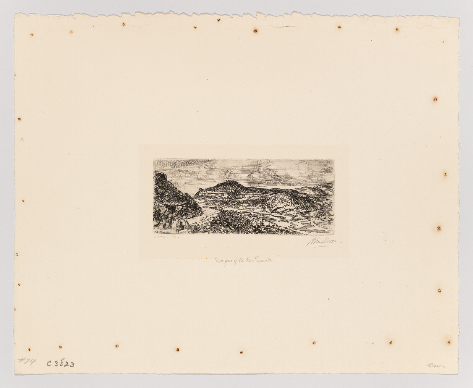Small detailed etching of a rocky mountain valley with a winding river and tiny figures.