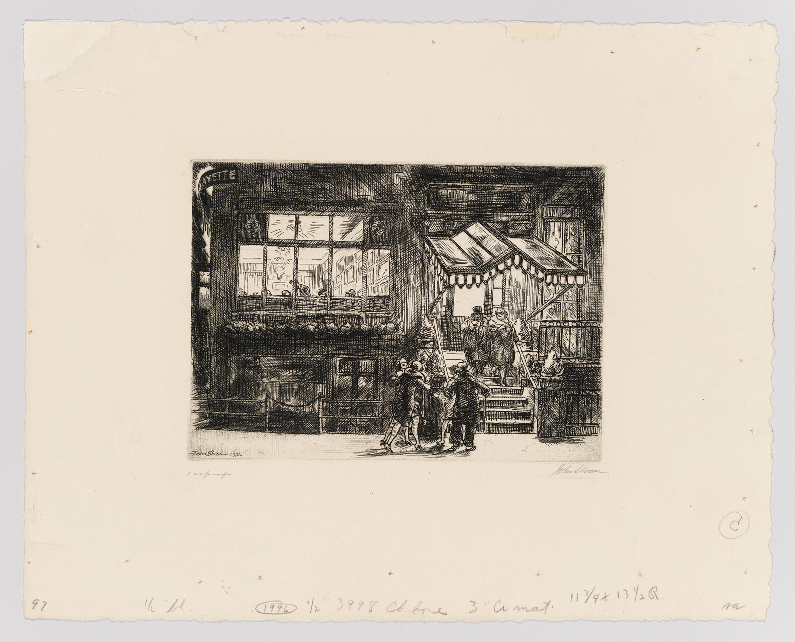 A group of people gather and talk outside a shop with a striped awning and window.