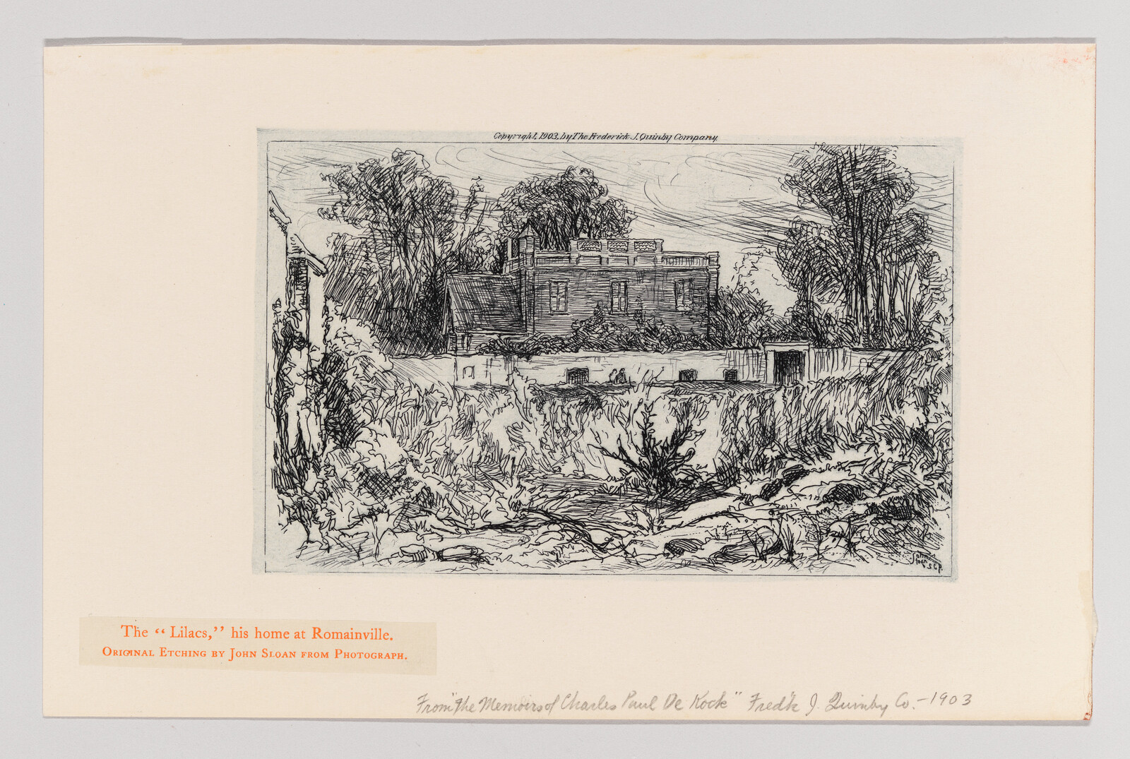 The Lilacs house at Romainville stands behind tall trees and overgrown foreground vegetation.