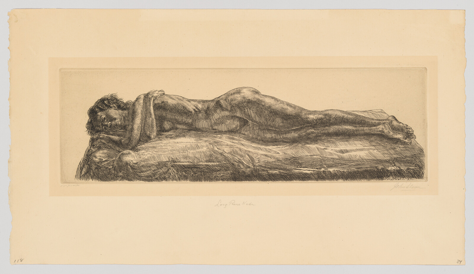 A nude person lies face down on a mattress with arms folded under their head.