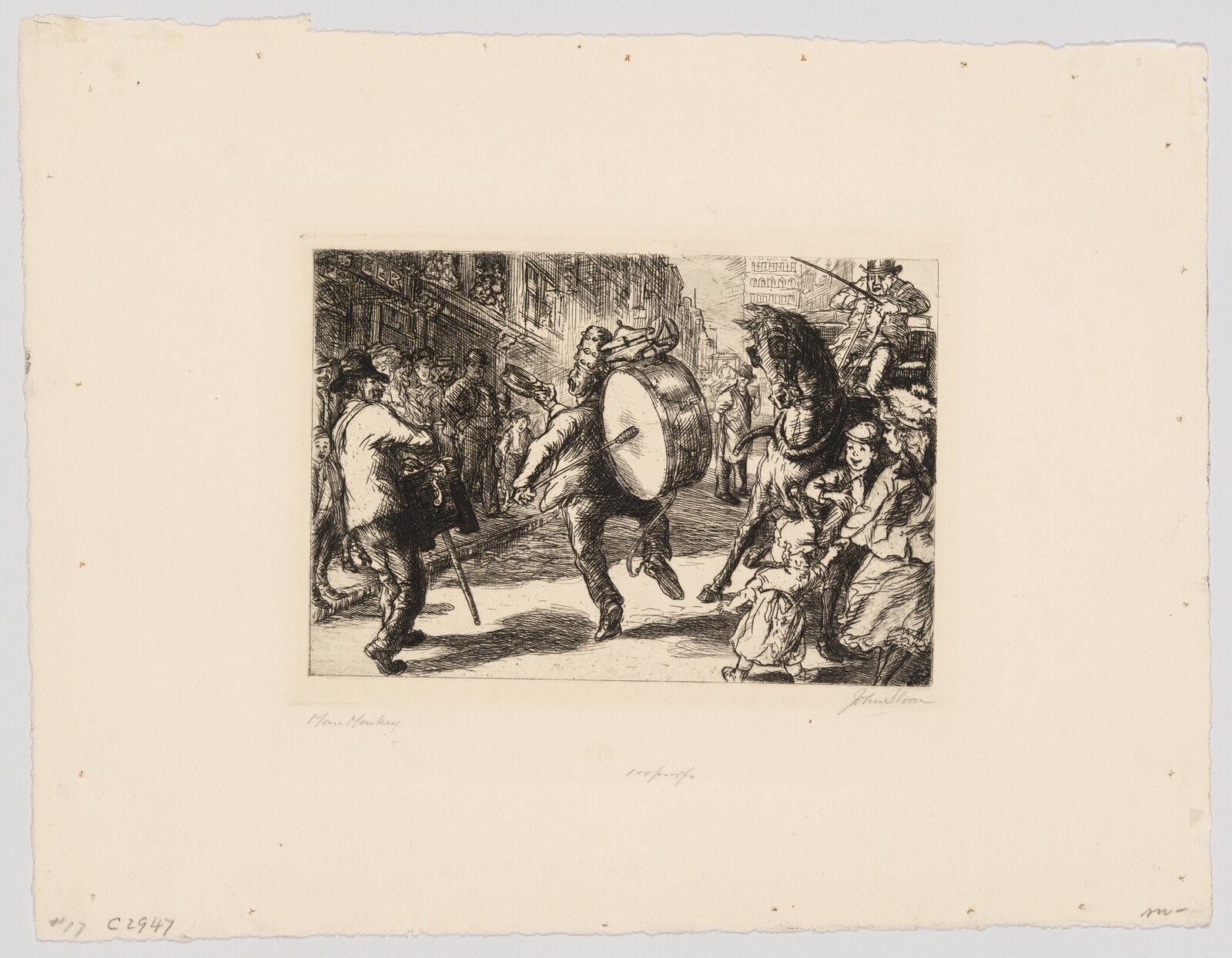 A street drummer beats a large bass drum while a crowd and horse-drawn carriage watch.