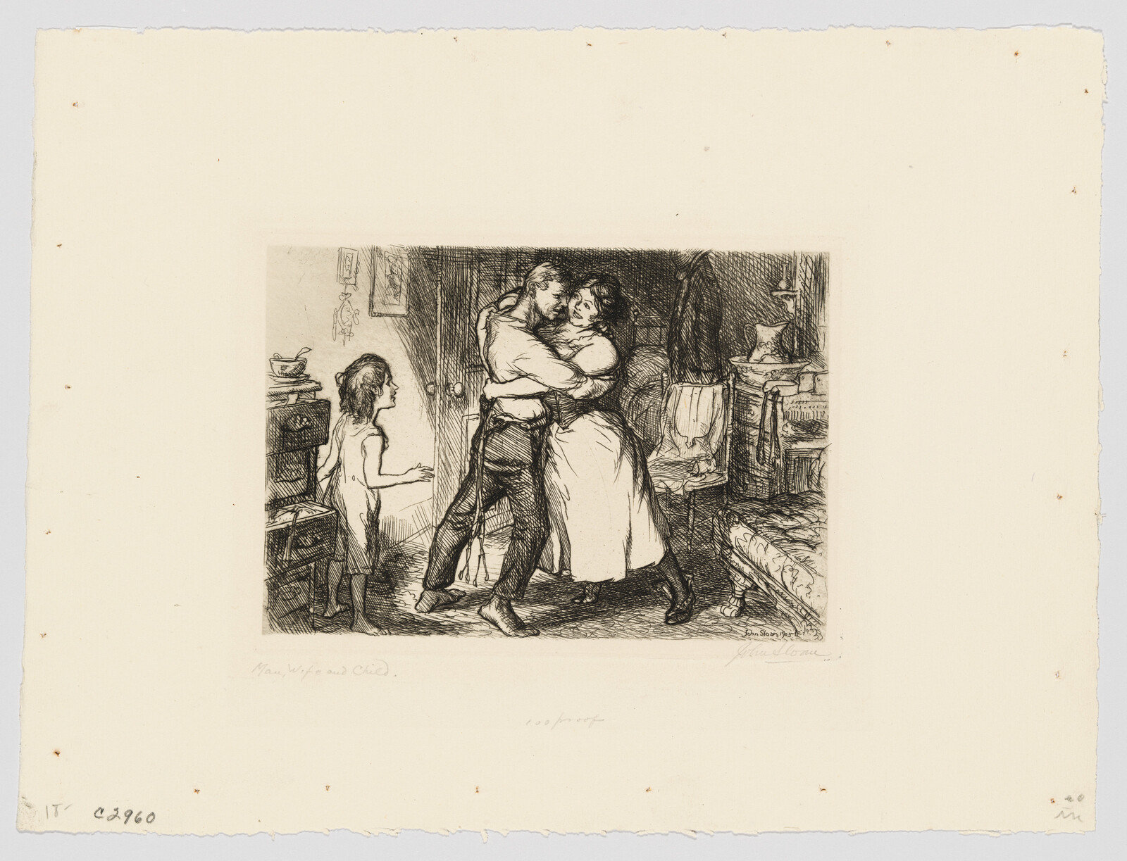 A man and woman embrace in a small room while a child watches nearby.