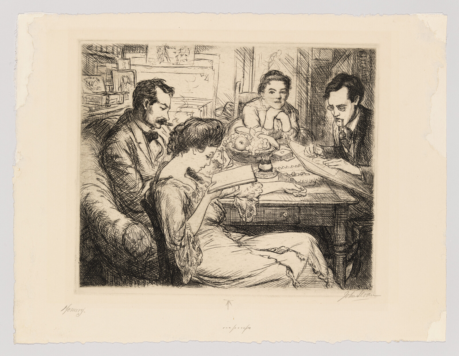 Four people sit around a table reading and discussing while a man smokes a pipe.