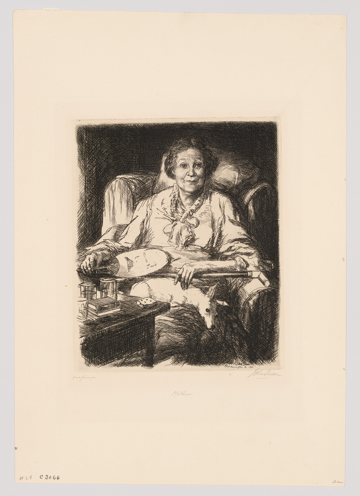 An elderly woman sits in an armchair holding a paddle with a small dog resting on her lap.