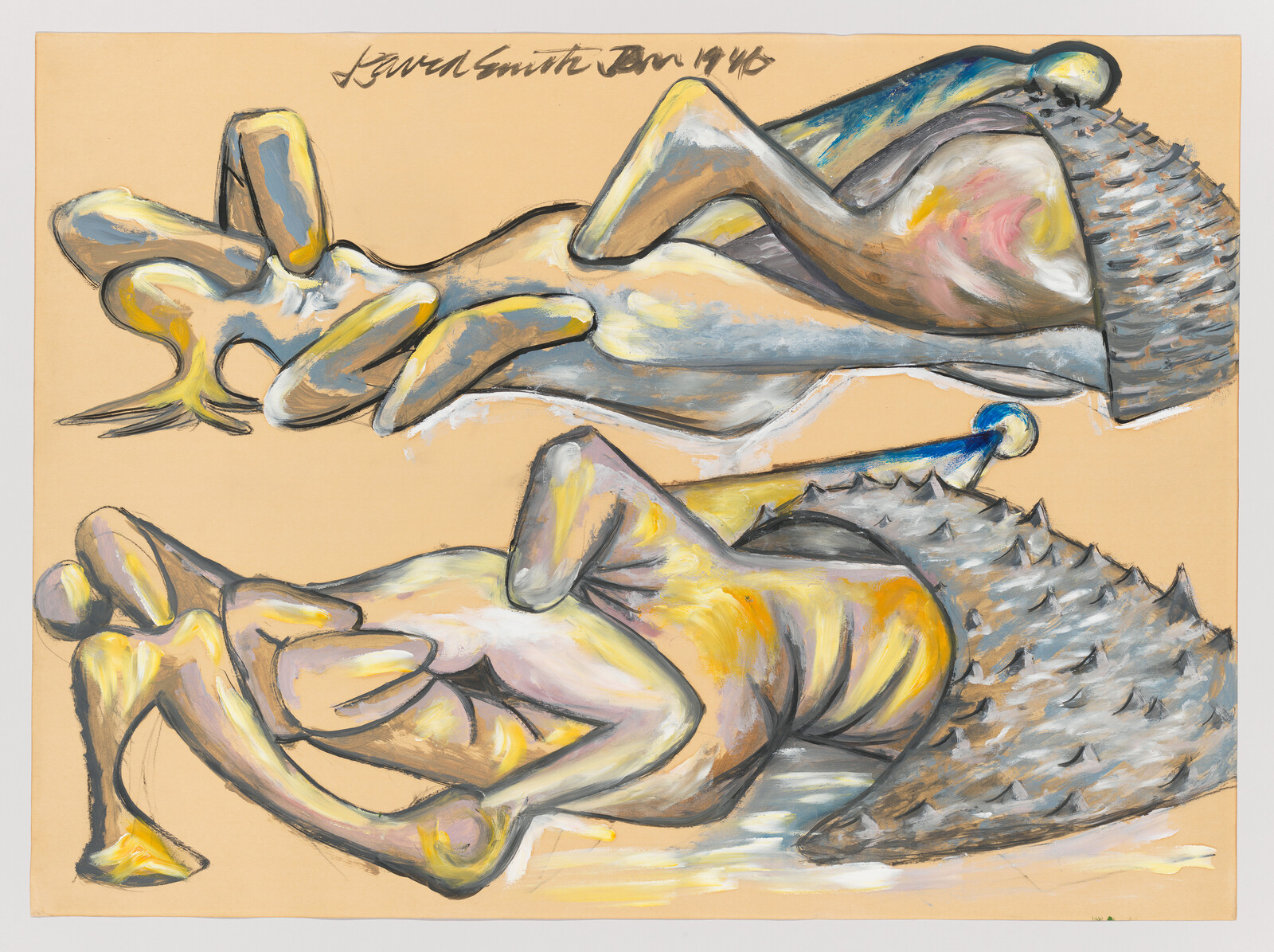 Two reclining abstract figures with yellow and gray shading lie against a pale tan background.