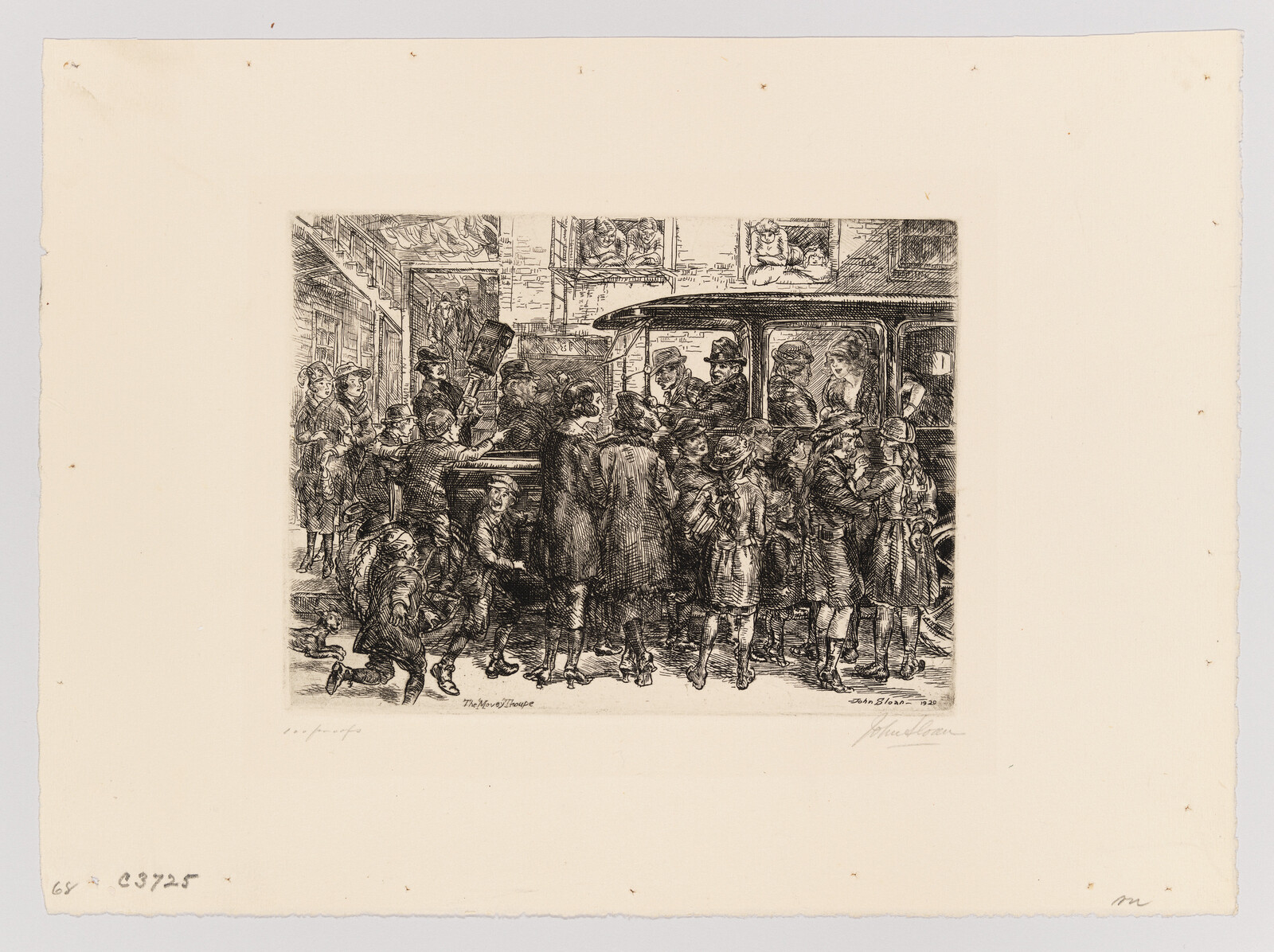 A crowded streetcar scene with children and adults jostling to board while others watch.