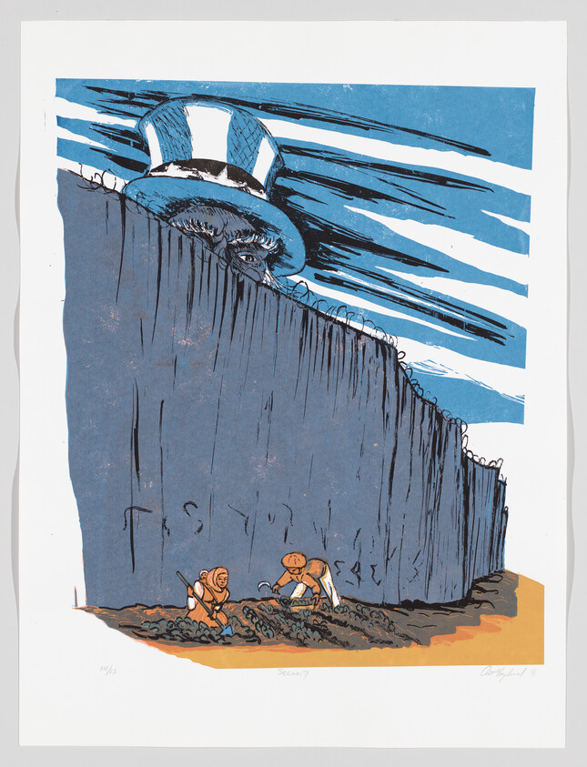 A giant figure in a striped top hat watches two workers digging beside a tall barrier.