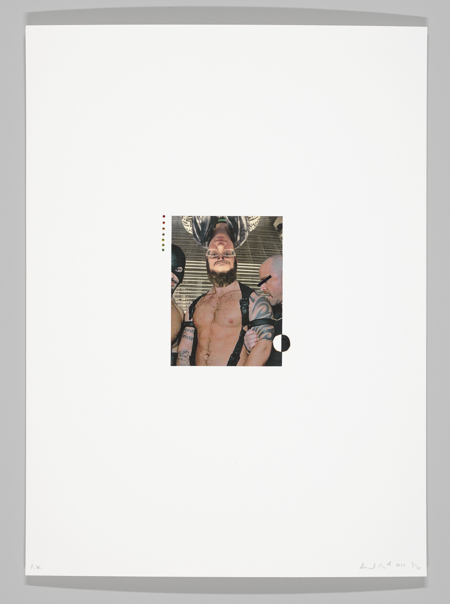 A photograph within a large white border showing three individuals with tattoos, one of whom is shirtless and wearing a helmet, with the image oriented upside down. The photo has a punched hole on the left with color calibration marks and a black dot on the right, suggesting it is a test print or part of an artistic presentation. There are signatures and edition numbers at the bottom.