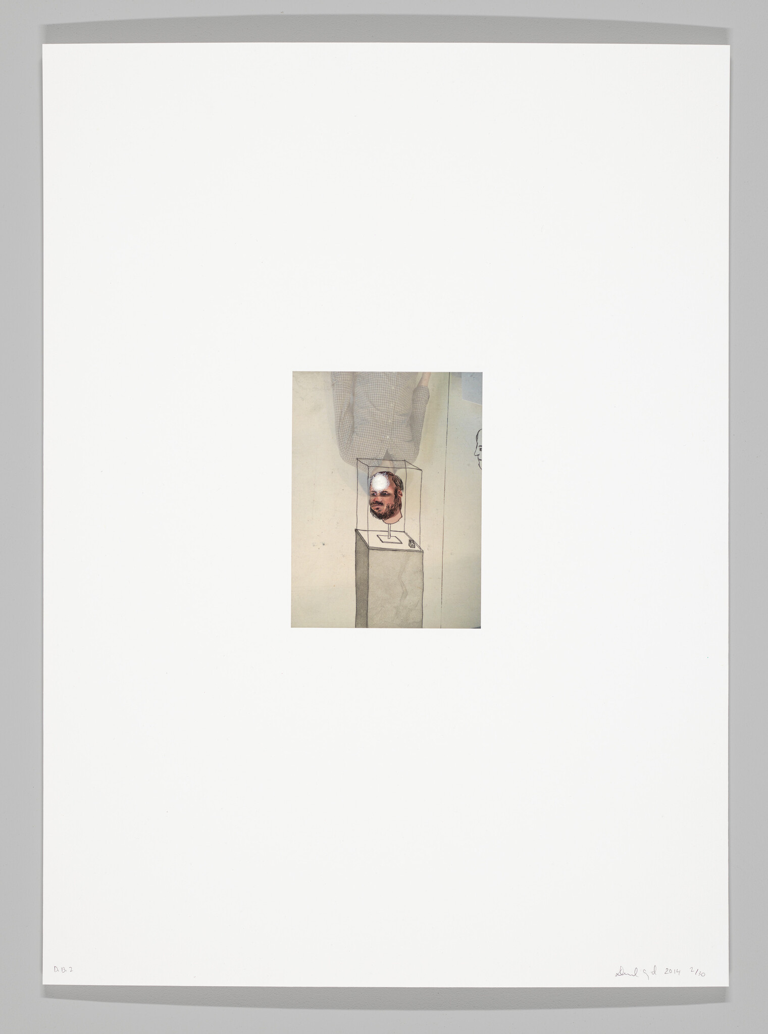 A minimalist artwork featuring a small, centered image on a large white background. The image depicts a person's head, seemingly floating above a pedestal or box, with a neutral expression. The artwork includes some handwritten text and numbers along the bottom edge, suggesting it may be part of a limited series.