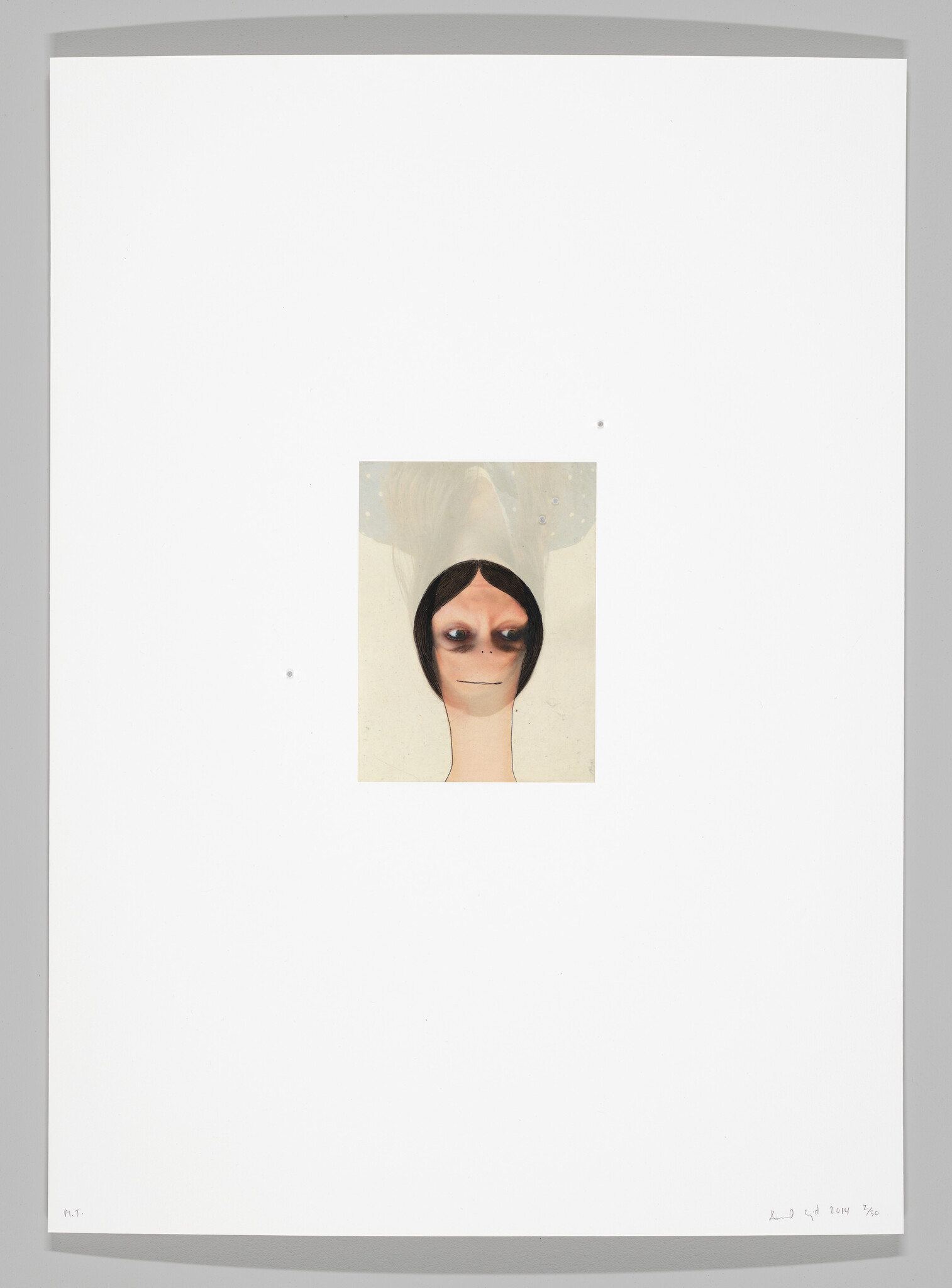 Small surreal portrait of a person with a long neck and dark, hollow eyes.