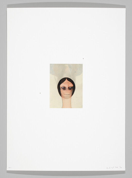 Small surreal portrait of a person with a long neck and dark, hollow eyes.