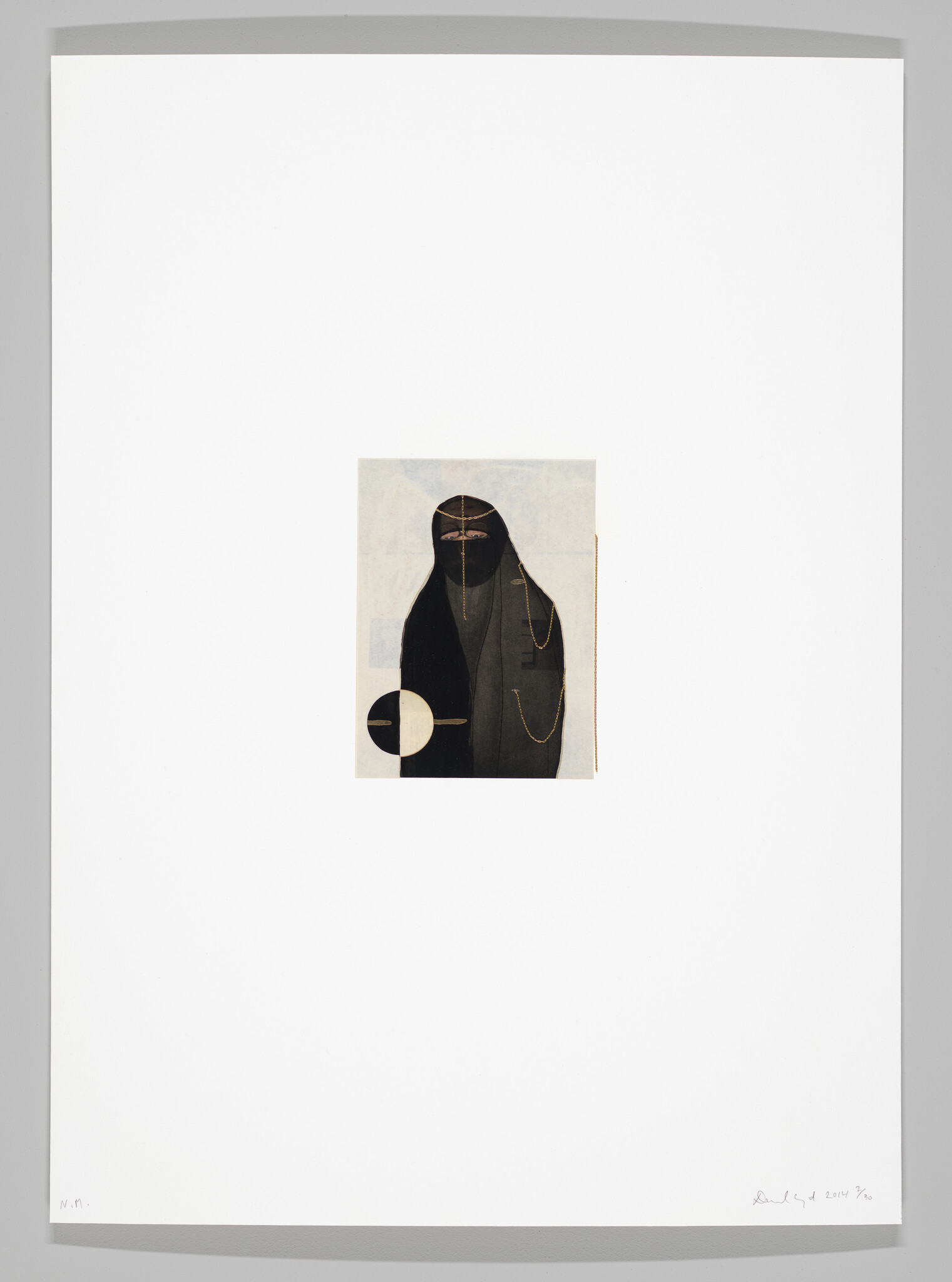 A small central portrait shows a veiled figure in a black niqab with gold chains.