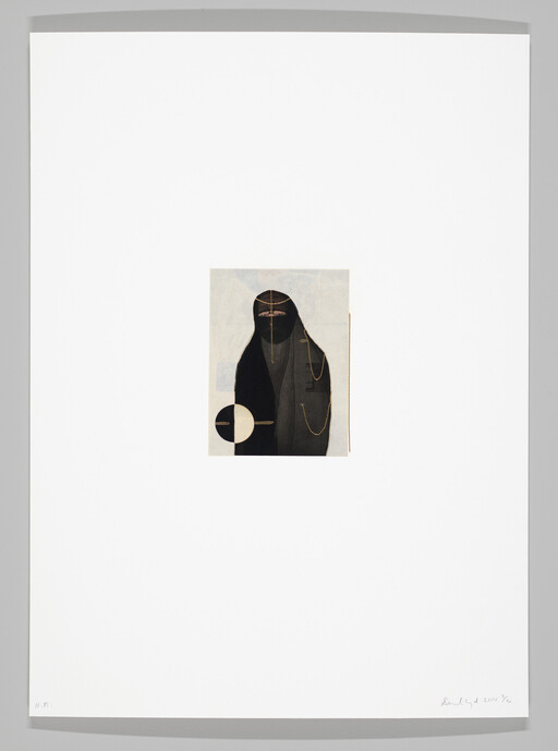 A small central portrait shows a veiled figure in a black niqab with gold chains.