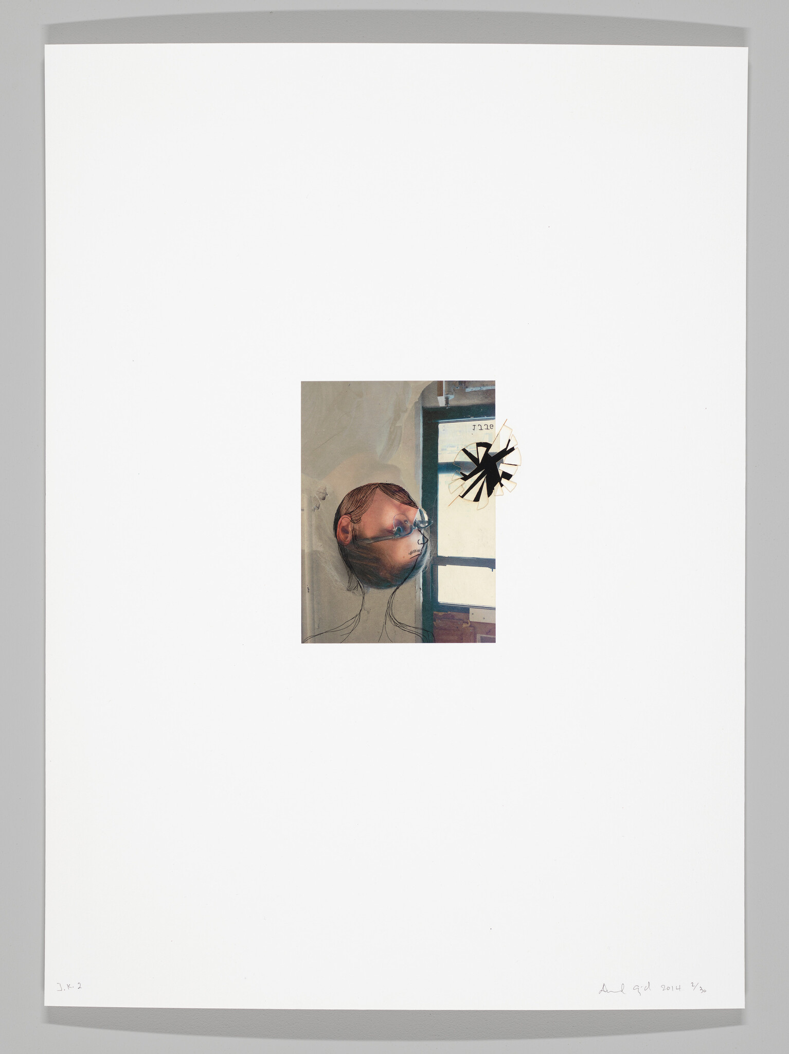 Small surreal portrait of a head facing a window with a shattered black star overlay.