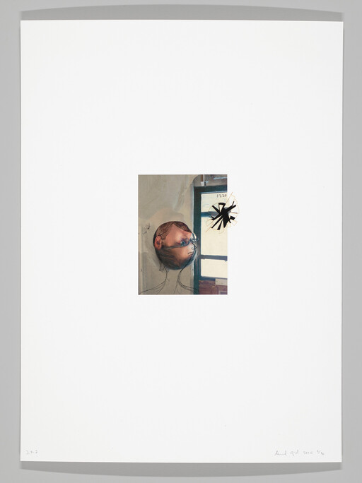 Small surreal portrait of a head facing a window with a shattered black star overlay.