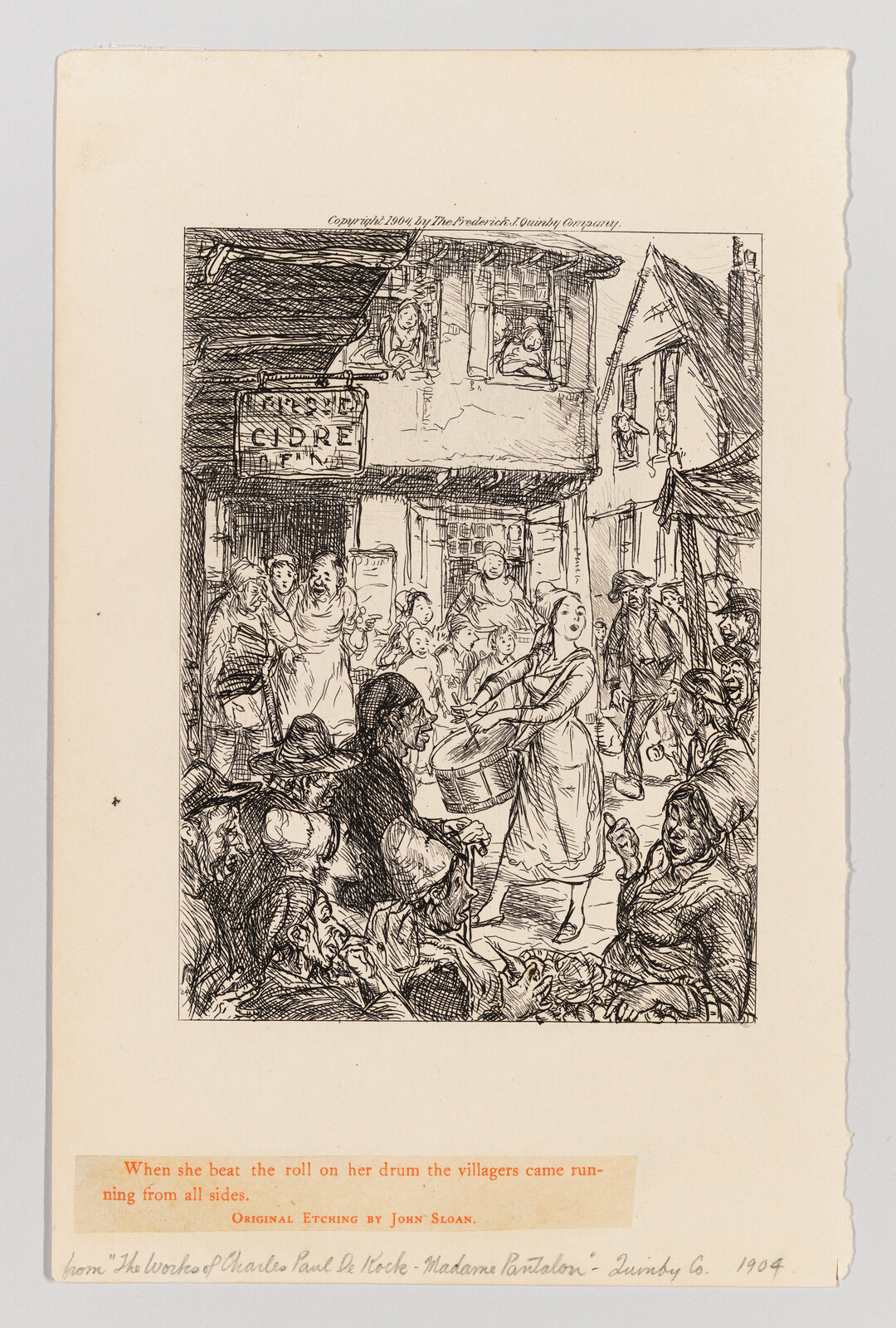 A woman beats a drum in a crowded village street as villagers gather and watch.