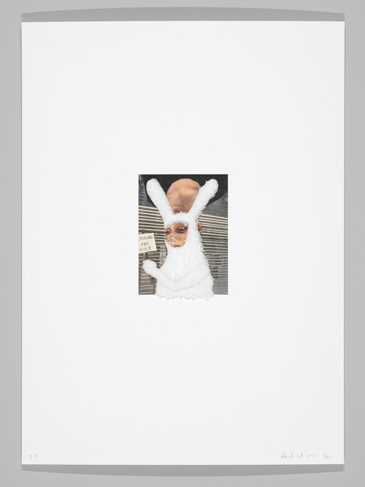 Person in a white bunny costume holds a sign that reads "LOOKING FOR HOLE" while upside down.