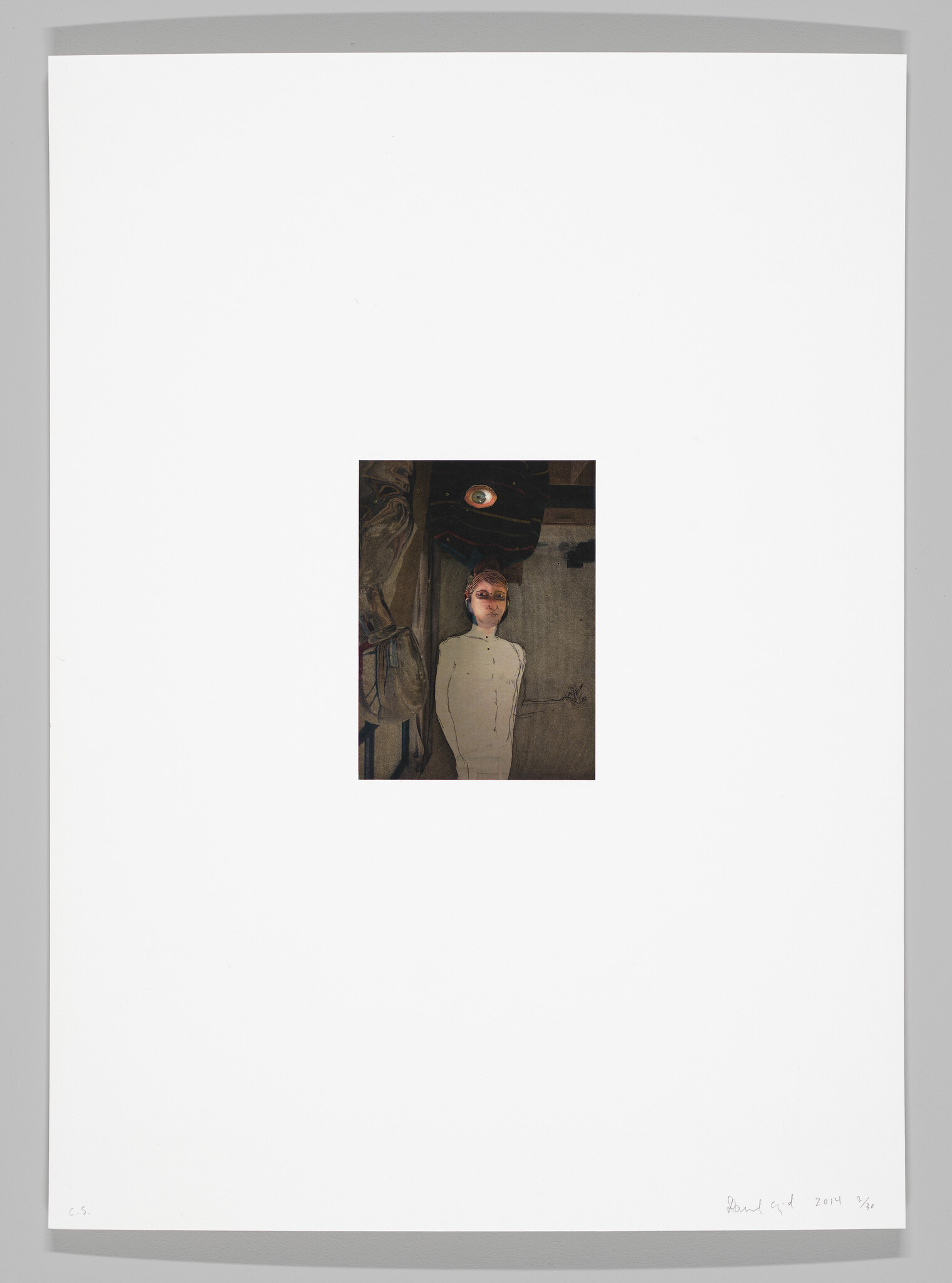 A photograph within a white border featuring a person standing in a dimly lit room with rustic decor. The individual is wearing a light-colored, long-sleeved shirt and has a neutral expression. Above them, a circular object emits a soft glow, casting a halo-like effect around their head. The image has a dated appearance, evoking a sense of nostalgia. Handwritten text and numbers are visible at the bottom of the border, suggesting an artistic or limited edition print.