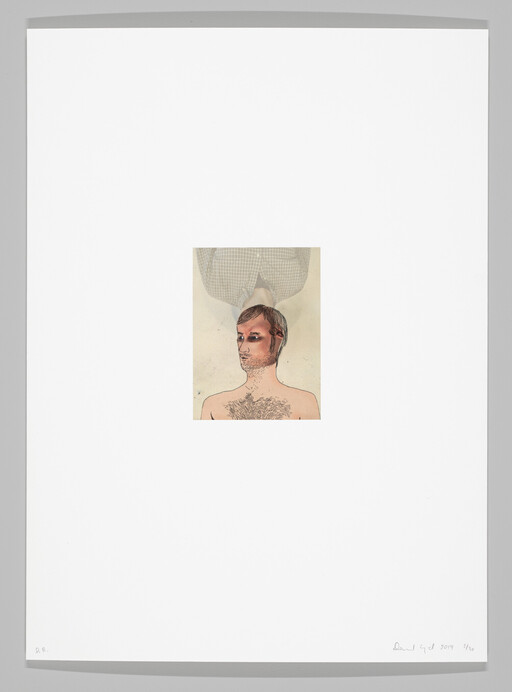 A small drawing of a shirtless man with chest hair and an upside-down torso above him.