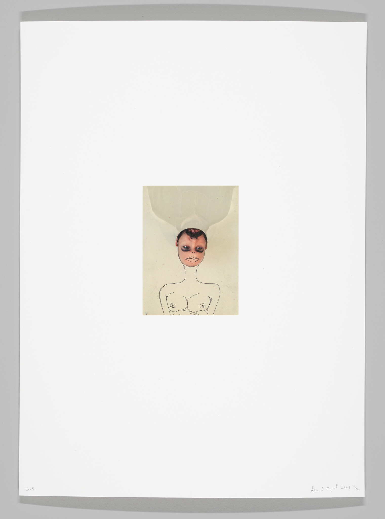 A piece of artwork featuring a stylized drawing of a figure with a human face and a sketched body on a beige background, centered within a large white matting. The face has exaggerated features and dark makeup around the eyes, and the body is outlined with minimal detail. The artwork is signed and dated in the bottom right corner.