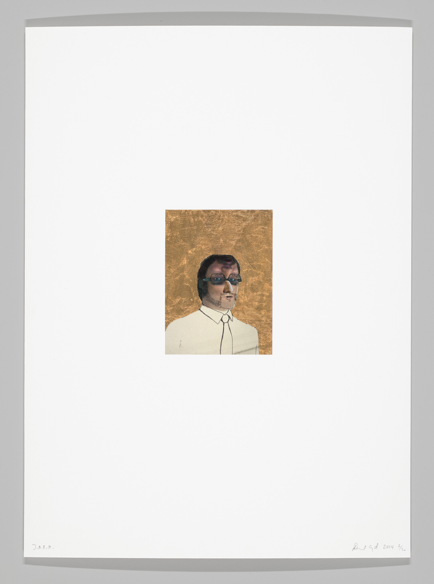 A mixed media artwork featuring a central image of a man's head and upper torso with sunglasses, set against a textured gold background. The figure is wearing a white shirt with a high collar and a black tie. The artwork is surrounded by a large white border, and there are artist's signatures and inscriptions at the bottom.