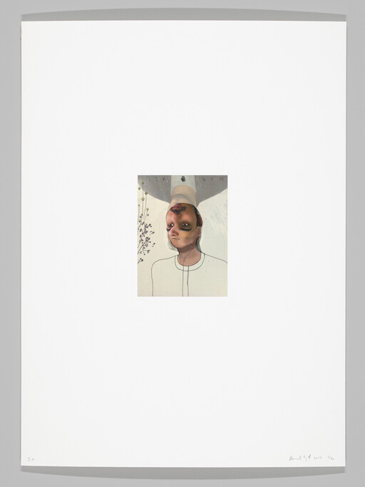 A small upside-down portrait of a person with a neutral expression centered on a large white page.