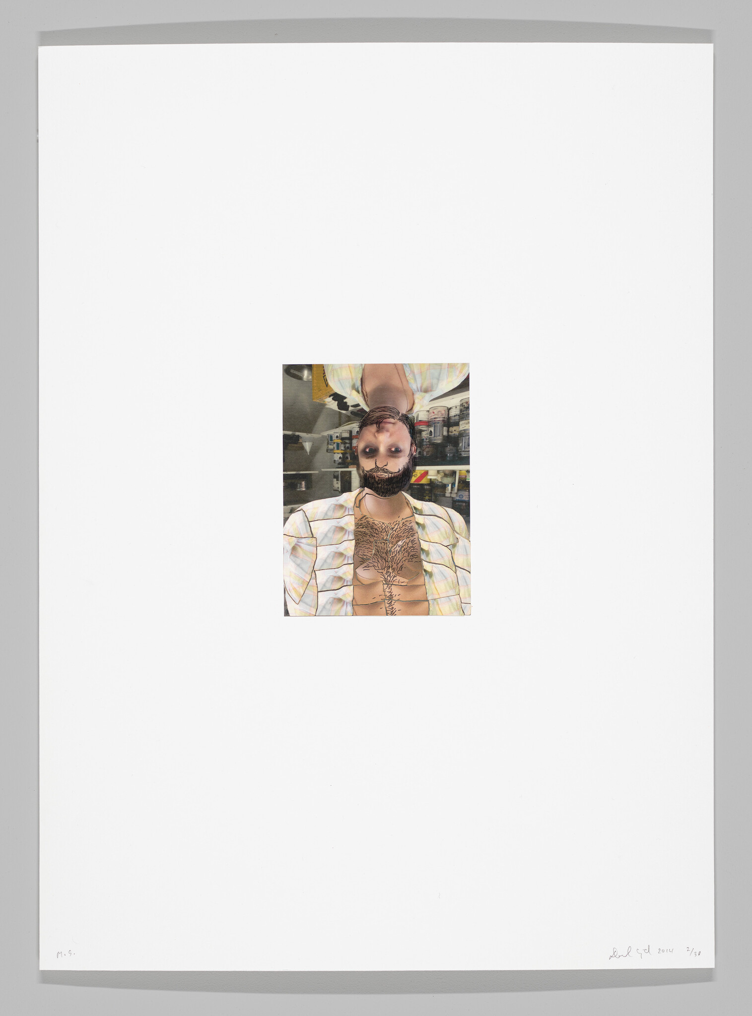 A photograph within a large white border shows an upside-down image of a person with a beard, wearing a patterned shirt, and with intricate designs drawn on their chest and neck. The background appears to be a store with shelves stocked with items. The image is signed and dated at the bottom right, with edition information at the bottom left.